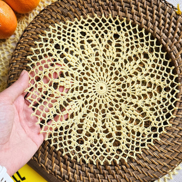 Small lemon yellow crochet doily 23cm diameter