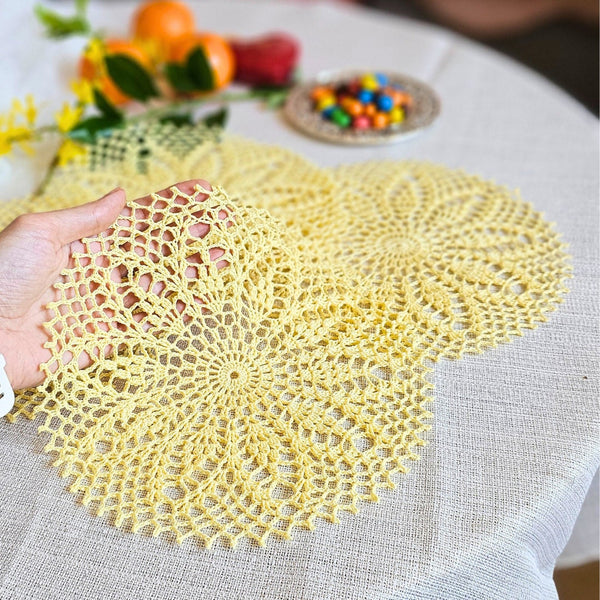 Small lemon yellow crochet doily 23cm diameter