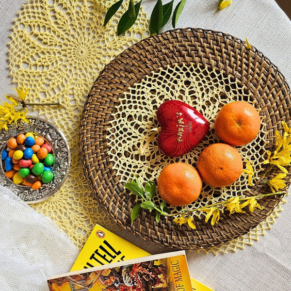 Small lemon yellow crochet doily 23cm diameter