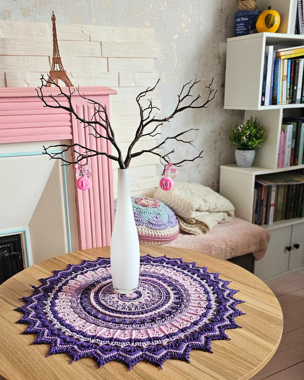 Gorgeous one-of-a-kind textured mandala centrepiece, large purple crochet doily 60cm
