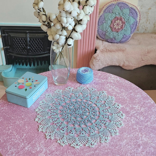 Light blue lace crochet doily 43 cm diameter