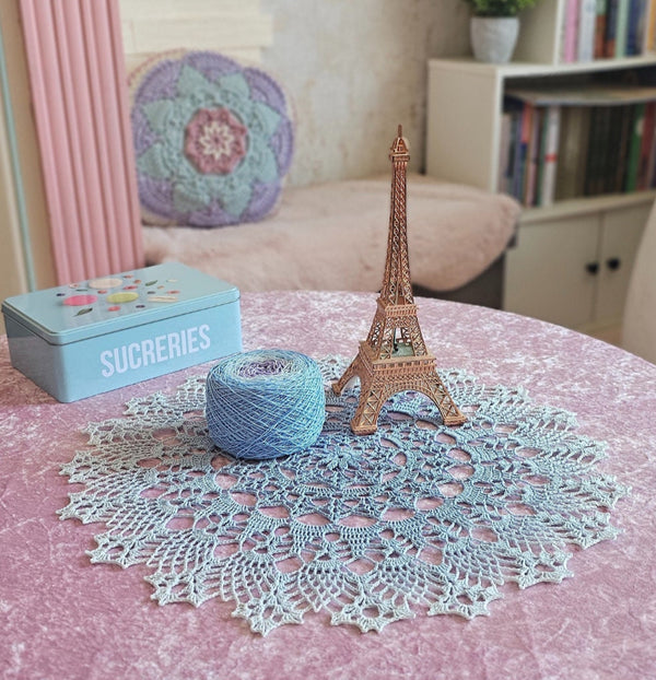 Light blue lace crochet doily 43 cm diameter