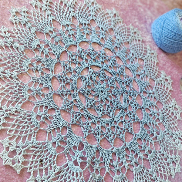 Light blue lace crochet doily 43 cm diameter