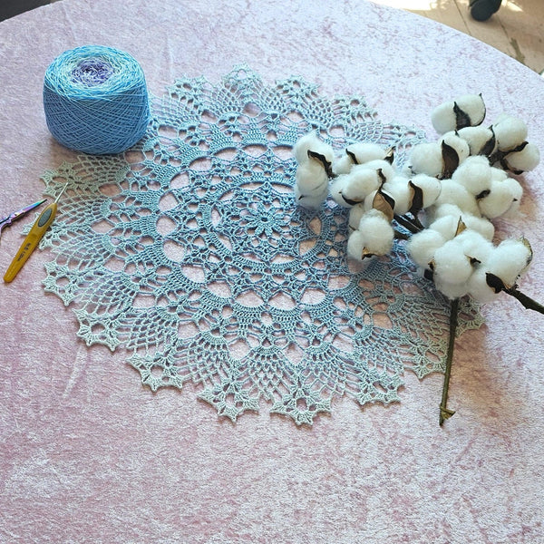 Light blue lace crochet doily 43 cm diameter