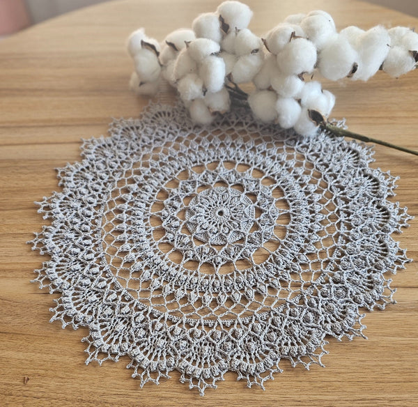 Silver grey crochet doily 37cm diameter