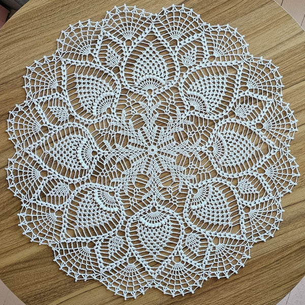 Large snow white crochet lace doily 60cm diameter.