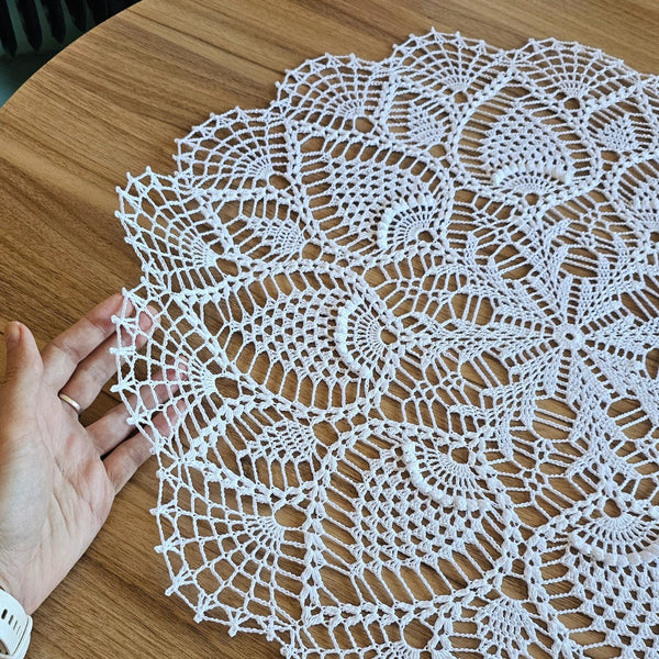 Large snow white crochet lace doily 60cm diameter.