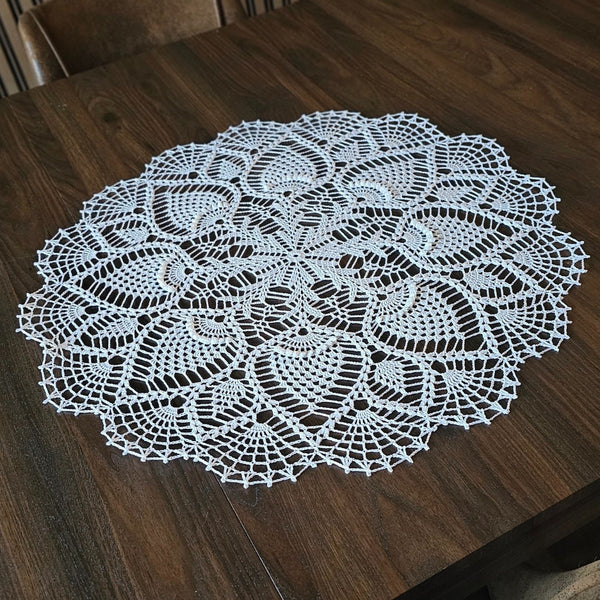 Large snow white crochet lace doily 60cm diameter.