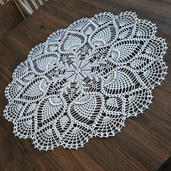 Large snow white crochet lace doily 60cm diameter.