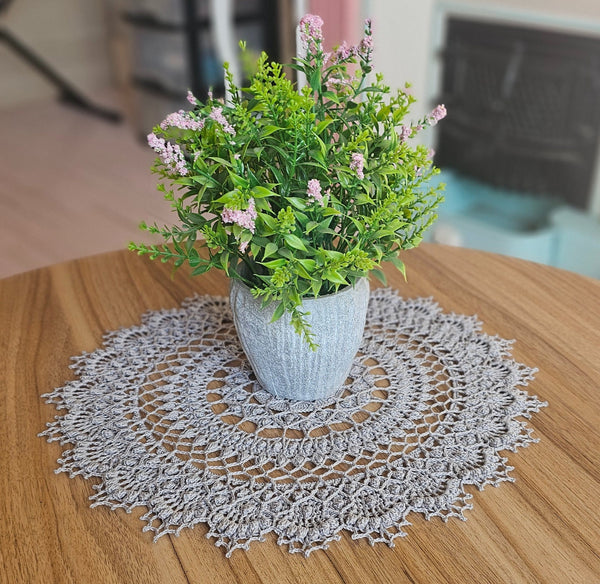 Silver grey crochet doily 37cm diameter