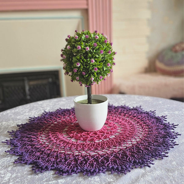 One-of-a-kind Large Textured Crochet Doily in fuchsia pink and purple colours 47cm diameter