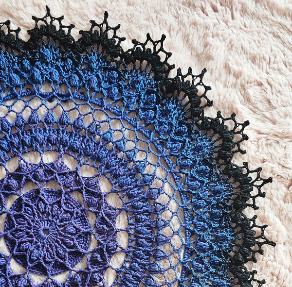 Large Textured Crochet Doily in blue and purple colours 47cm diameter.
