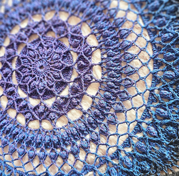 Large Textured Crochet Doily in blue and purple colours 47cm diameter.