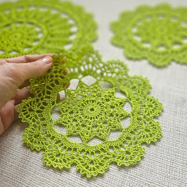 Set of a light green crochet doily and two coasters for an elegant vintage style tea party.