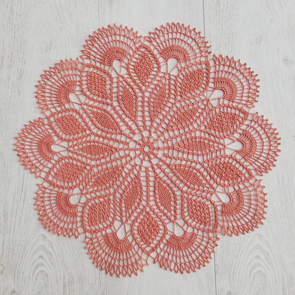 Round crochet doily 45cm, delicate and very detailed lace table centrepiece in coral colour