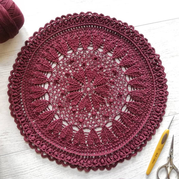 Burgundy doily crochet 30cm , handmade 3D textured  mandala with hearts, unique lace table decor dark red wine colour