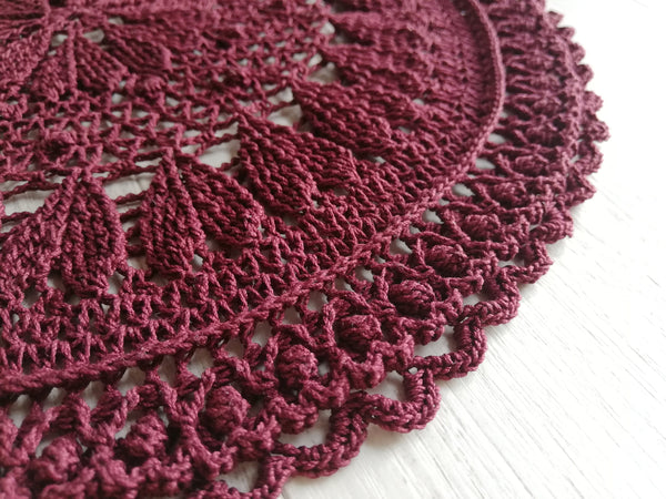 Burgundy doily crochet 30cm , handmade 3D textured  mandala with hearts, unique lace table decor dark red wine colour