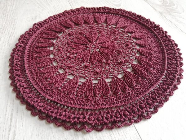 Burgundy doily crochet 30cm , handmade 3D textured  mandala with hearts, unique lace table decor dark red wine colour