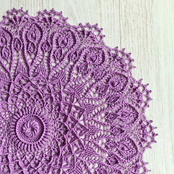 Gorgeous doily in tender lavender colour, large textured crochet centrepiece with 3D elements