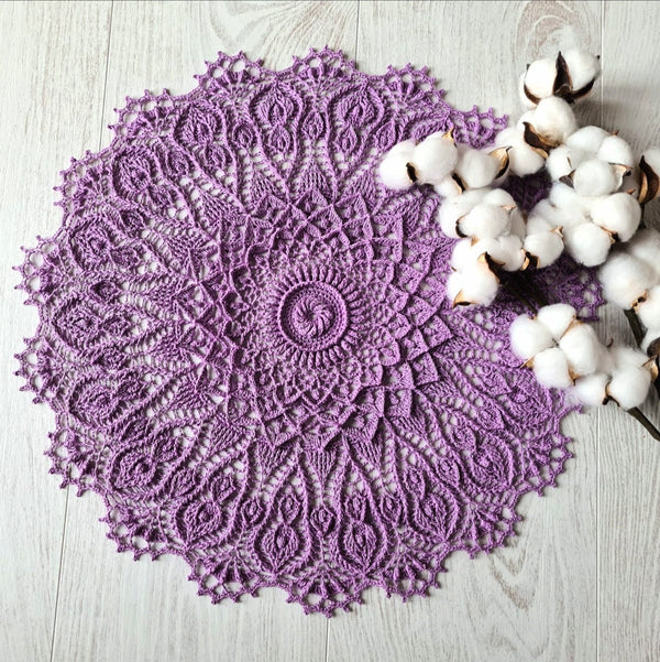 Gorgeous doily in tender lavender colour, large textured crochet centrepiece with 3D elements
