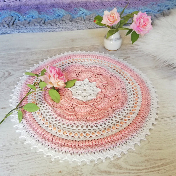 Textured crochet doily pattern, June Flower 3D mandala crochet tutorial, chart and description for a round textured flower doily