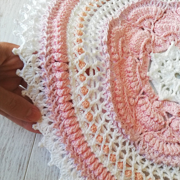Textured crochet doily pattern, June Flower 3D mandala crochet tutorial, chart and description for a round textured flower doily