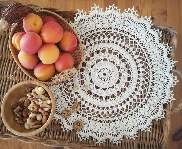 Textured crochet doily pattern, Amelie 3D mandala crochet tutorial, chart and description for a round textured centrepiece