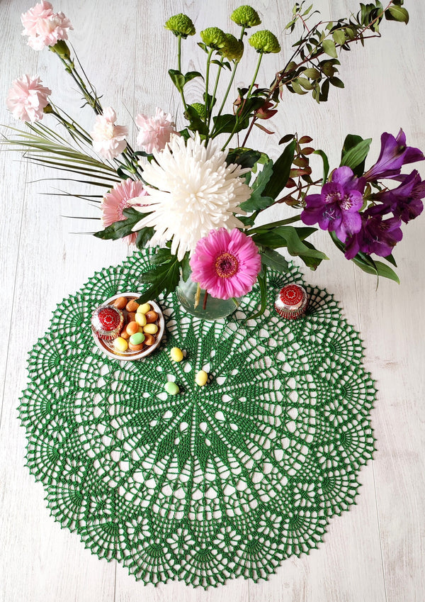 Deep green doily 54cm diameter, large crochet centrepiece, lace mandala or dreamcatcher base