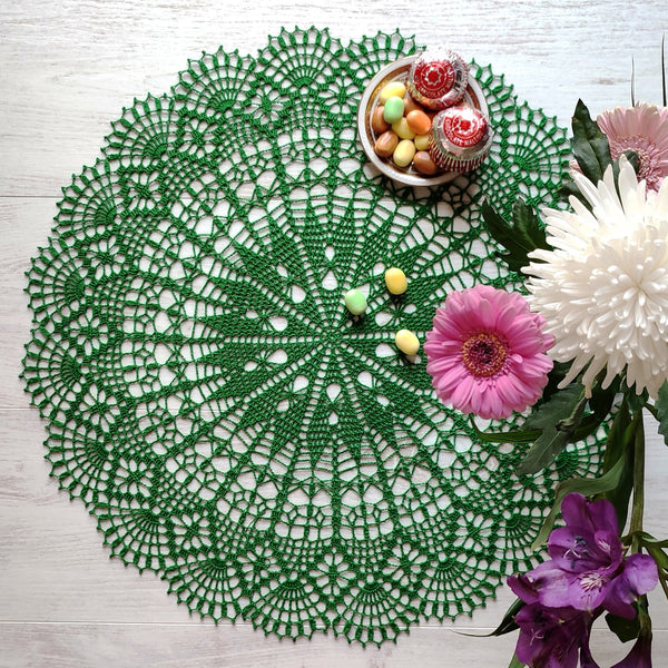 Deep green doily 54cm diameter, large crochet centrepiece, lace mandala or dreamcatcher base