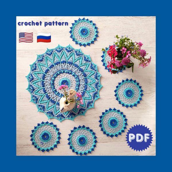 Crochet doily and coaster pattern pdf, detailed tutorial with a text description and a chart for making a 3D textured Morning Dew set.