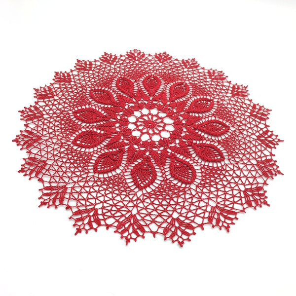 Deep red round crochet doily with 3D elements