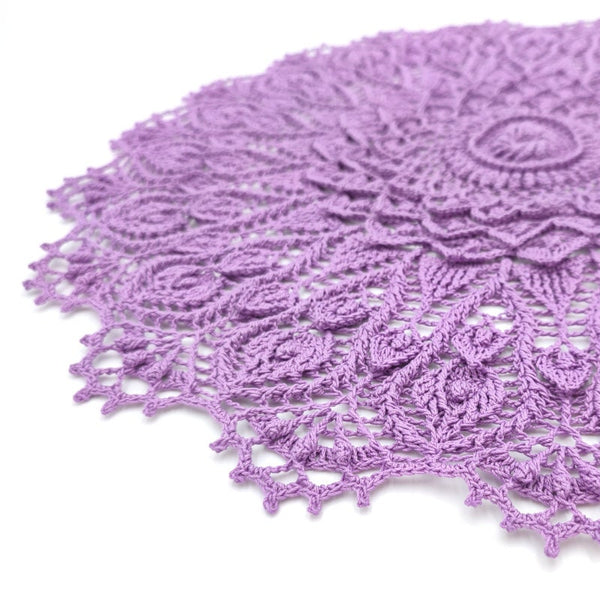Gorgeous doily in tender lavender colour, large textured crochet centrepiece with 3D elements