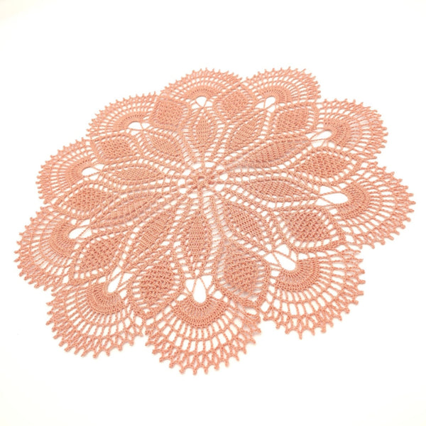 Round crochet doily 45cm, delicate and very detailed lace table centrepiece in coral colour