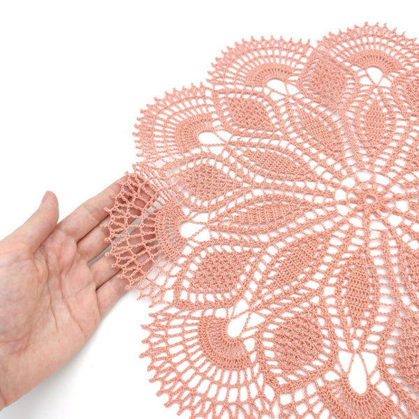 Round crochet doily 45cm, delicate and very detailed lace table centrepiece in coral colour
