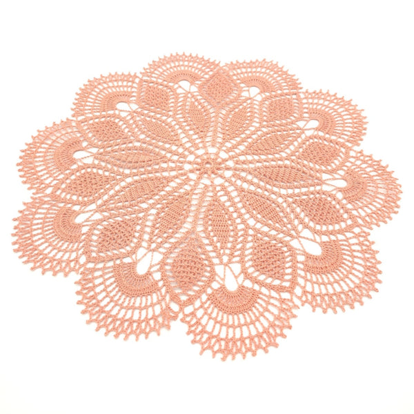 Round crochet doily 45cm, delicate and very detailed lace table centrepiece in coral colour