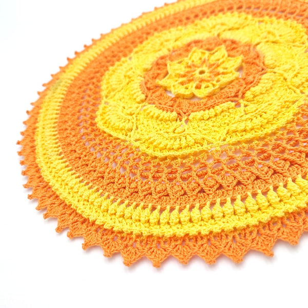 Bright orange and yellow textured crochet centrepiece, colourful handmade doily crochet, natural flower mandala table decor