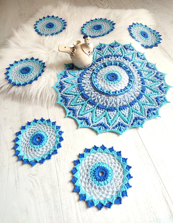 Textured coaster crochet pattern PDF, chart and description for a 3D small doily, easy mini mandala tutorial
