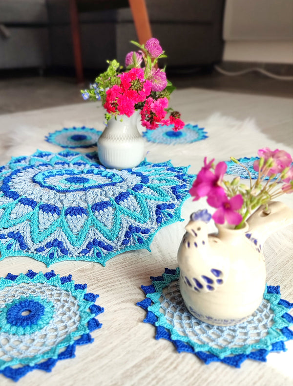 Crochet doily and coaster pattern pdf, detailed tutorial with a text description and a chart for making a 3D textured Morning Dew set.