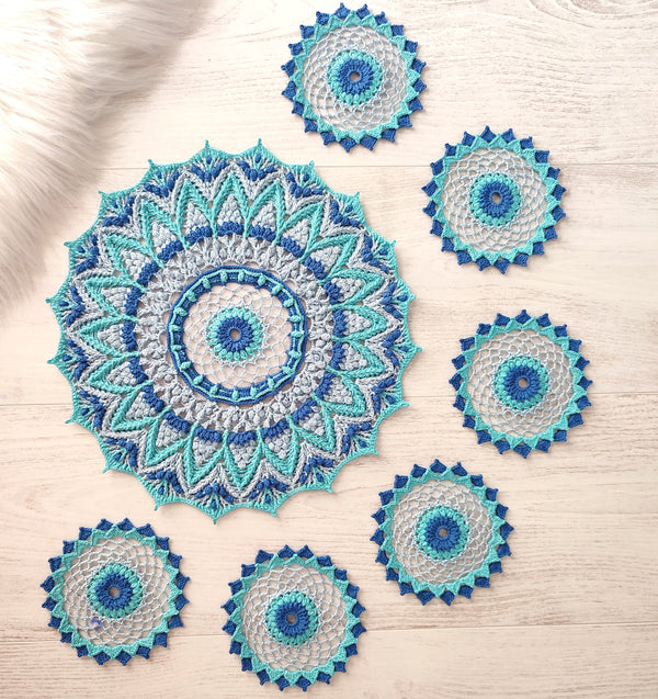 Crochet doily and coaster pattern pdf, detailed tutorial with a text description and a chart for making a 3D textured Morning Dew set.