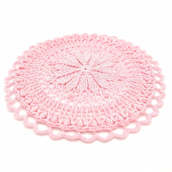 Round crochet coaster with hearts, cute and romantic handmade table decor, mandala placemat crochet.