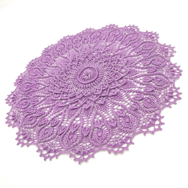 Gorgeous doily in tender lavender colour, large textured crochet centrepiece with 3D elements