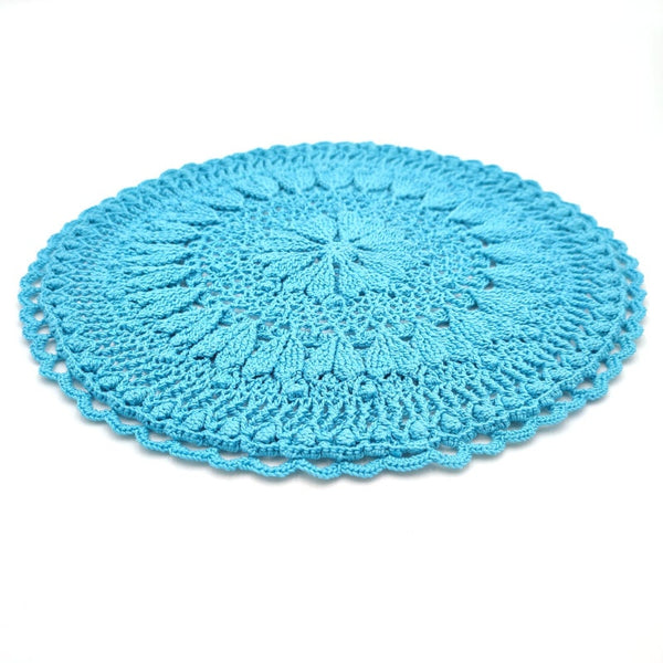Bright blue round crochet doily with hearts, romantic handmade table decor from France, textured 3D crochet centrepiece
