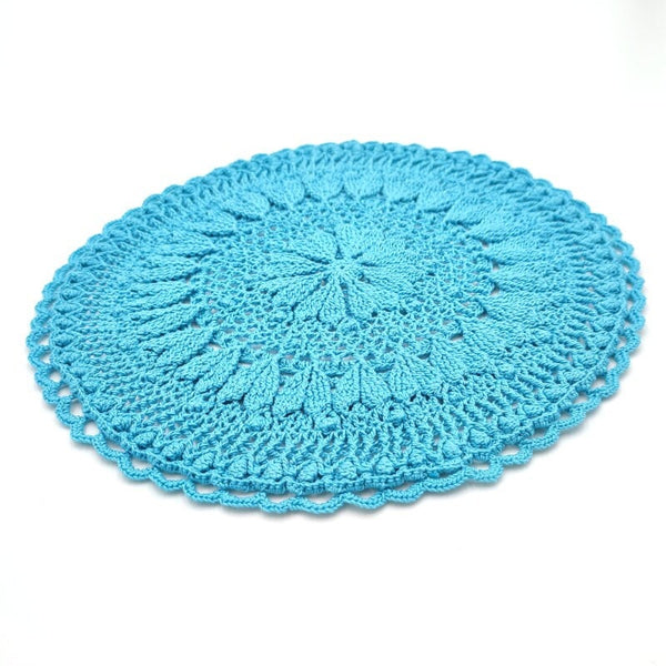 Bright blue round crochet doily with hearts, romantic handmade table decor from France, textured 3D crochet centrepiece
