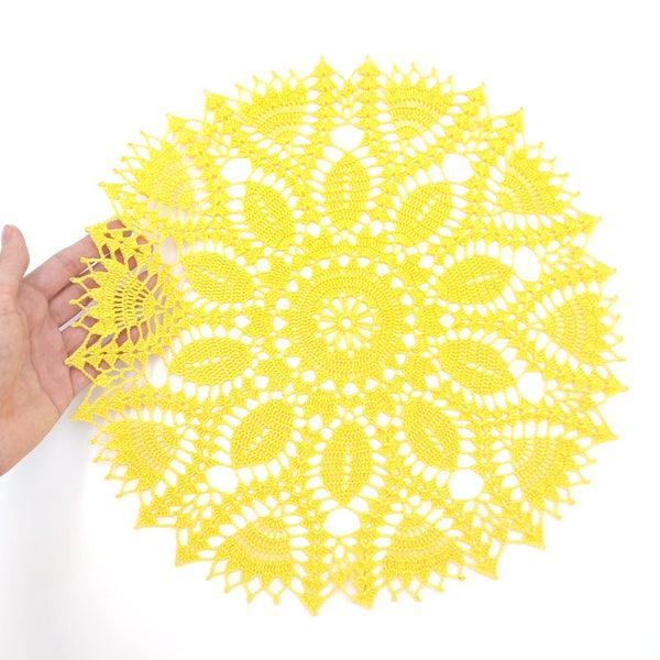 Bright yellow crochet doily 35cm, beautiful round handmade centrepiece