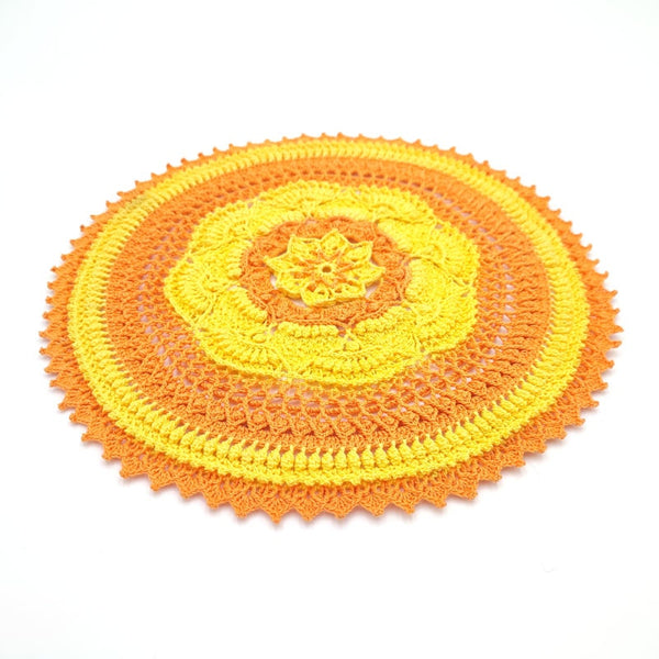 Bright orange and yellow textured crochet centrepiece, colourful handmade doily crochet, natural flower mandala table decor