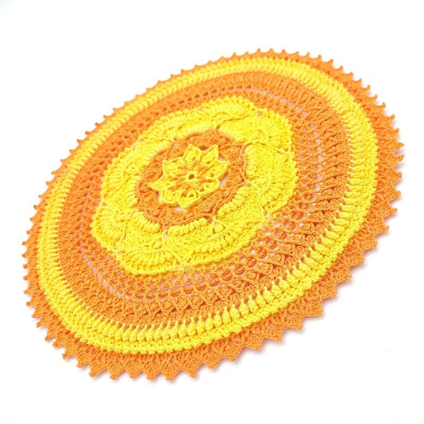 Bright orange and yellow textured crochet centrepiece, colourful handmade doily crochet, natural flower mandala table decor