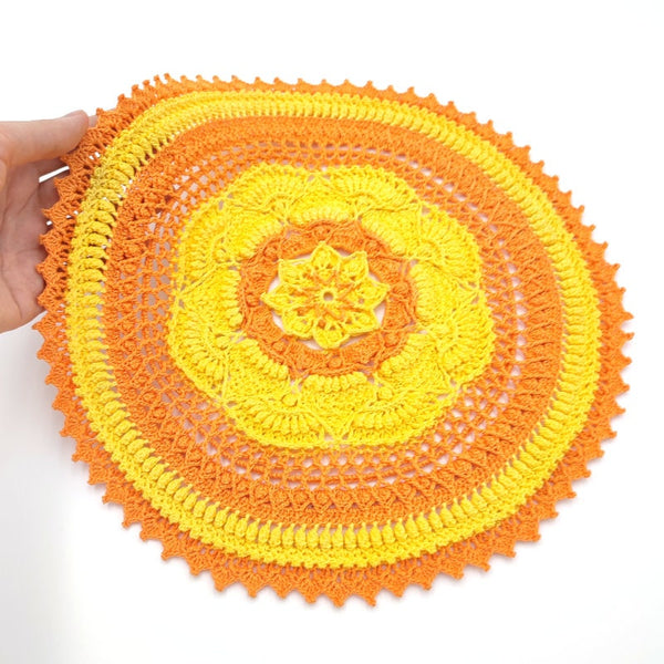 Bright orange and yellow textured crochet centrepiece, colourful handmade doily crochet, natural flower mandala table decor
