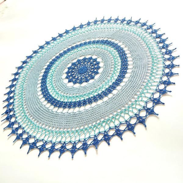 Blue round crochet tablecloth, large multicoloured centrepiece crochet, shabby chic table decor handmade