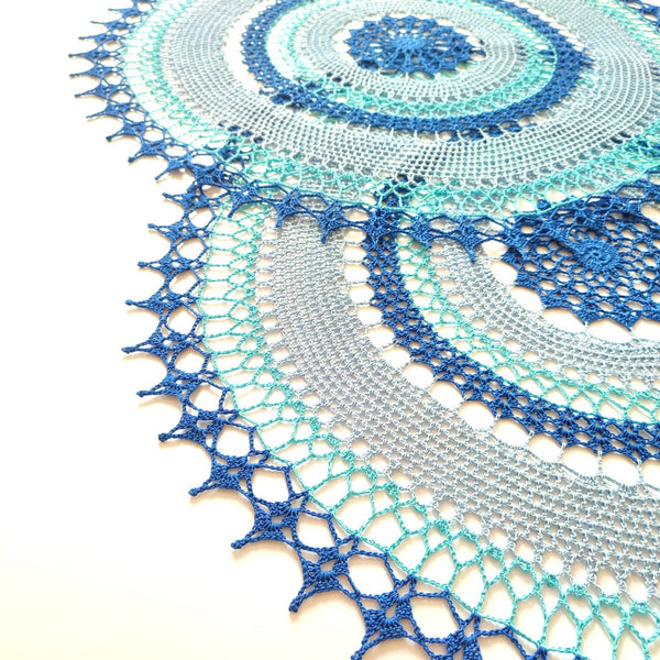 Blue round crochet tablecloth, large multicoloured centrepiece crochet, shabby chic table decor handmade