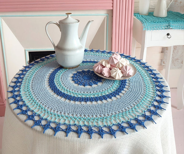 Blue round crochet tablecloth, large multicoloured centrepiece crochet, shabby chic table decor handmade